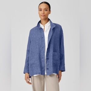 Eileen Fisher Washed Organic Linen Delave Stand Collar Jacket  Blueberry Large